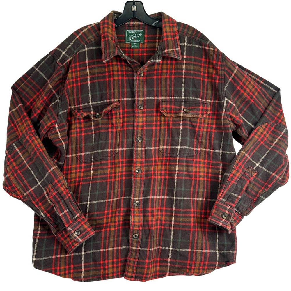 Woolrich‎ Plaid Flannel Button Down Shirt Mens XL Brown Red Outdoor Heritage